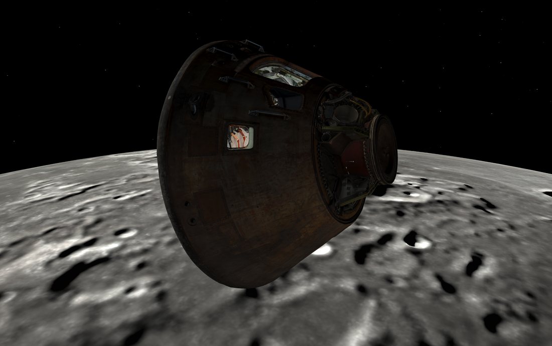 The Apollo 11 command module Columbia, scanned by the Smithsonian, floating above the cratered surface of the Moon