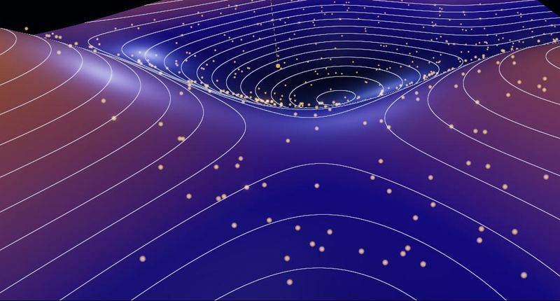 A glowing 3D function surface with contour lines and points rolling into a valley